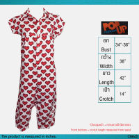 USED Pop Up Fashion - White Heart Jumpsuit | จั๊มพ์สูทสีขาว สีแดง จั๊มพ์สูทขายาว ขาห้าส่วน แขนสั้น คอปก ลายหัวใจ สายฝอ มือสอง