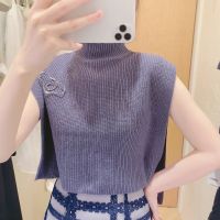 WAKUTA 2023 Autumn New Women Sweater Side Slit Turtleneck Brooch Sleeveless Knit Jumper Japanese Sweet Solid Color Pullover