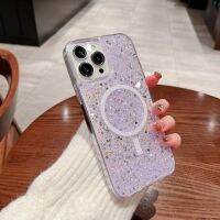 ?เคสชาร์จไร้สายแม่เหล็กสำหรับ Iphone 14 Plus 13 Pro Max เงาวับบลิงหรูหรา Magsafe ฝาแข็งใสกันกระแทก