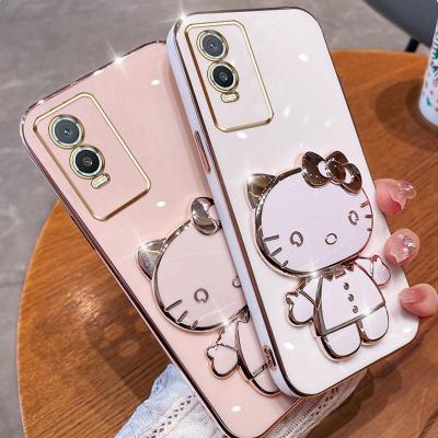Folding Makeup Mirror Phone Case For Vivo Y76 5G Y76S 5G  Case Fashion Cartoon Cute Cat Multifunctional Bracket Plating TPU Soft Cover Casing