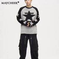 MAYCHEER เสื้อยืดแขนยาวลายดาวเสื้อวินเทจอเมริกันไฮสตรีทเสื้อวอร์มสำหรับผู้ชาย