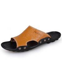 CODhuanglan212 Size 36-46 Mens Casual Slip-On Sandals Leisure Cow Leather Sandals Yellow