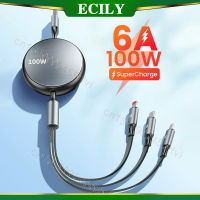 ECILY 6A 100W 3in1 2in1สายสำหรับ Huawei USB อย่างรวดเร็ว/เกียรติยศแบบพกพาพับเก็บได้3 In 1ไมโคร USB USB ประเภท C สายชาร์จสำหรับ Samsung iPhone