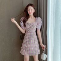 Women Cheongsam Elegant Pink Plaid Dres R Square Collar Bubble Sleeve Dress