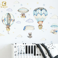 Watercolor Animals Hot Air Balloon Clouds Wall Stickers Blue Color for Kids Room Baby Nursery Room Wall Decals Boy Room Stickers