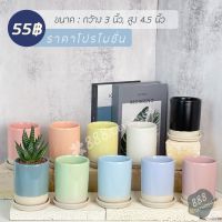 กระถางเซรามิกพร้อมจานรอง ขนาด 3 นิ้ว ทรงตรงสูง สไตล์มินิมอล