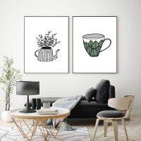 Tea Pot Green Plants Botanical Prints Leaves Cup Canvas Painting Wall Art Pictures Posters for Living Room Home Decoration