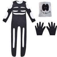 Halloween Boy Black Skull Human Bone Print Jumpsuit Stretch Slim Tight with Scary Headgear Gloves Accessories Masquerade Costume