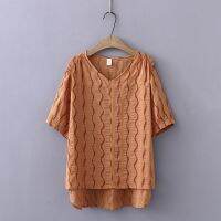 【มีไซส์ใหญ่】Plus Size Womens V-neck Striped Summer Shirts Oversized A-line Vintage Female Tops