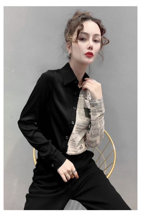 rehin-ผู้หญิงฤดูใบไม้ร่วงใหม่เกาหลีรุ่น-retro-แฟชั่น-vintage-พิมพ์-patchwork-ตัวอักษรหลวมเสื้อแขนยาว-lapel-chiffonr-เสื้อ