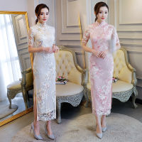 【CW】Fashion Womens Lance Long Cheongsam Dress Short Sleeve Chinese Traditional Dress Embroidery Flower Qipao for Evening Party Cloth