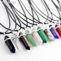 2023 Fashion Natural Stone Pendant Leather Necklace Hexagonal Pillar Bullet Crystal Pendant Necklace New Jewelry For Women Gifts