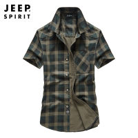 JEEP SPIRIT เสื้อแขนสั้นลายตารางหมากรุกผ้าฝ้ายบริสุทธิ์เสื้อเชิ้ตผู้ชายเสื้อเชิ้ตมีลายบางระบายอากาศ