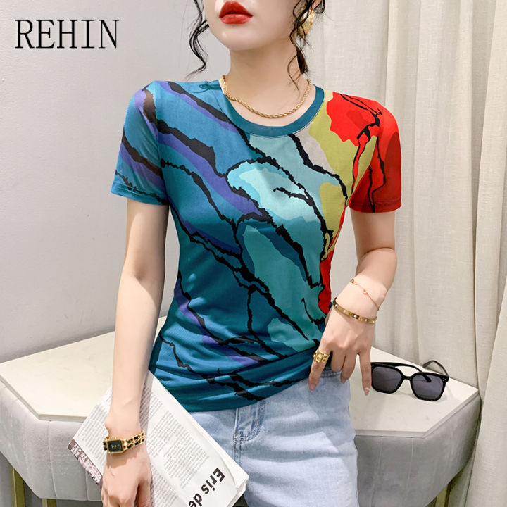 rehin-เสื้อยืดผู้หญิงแขนสั้นพิมพ์ลายคอกลมตาข่ายแฟชั่นสไตล์เกาหลีแบบใหม่ฤดูร้อน