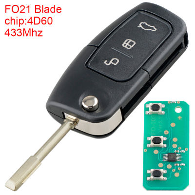 433 Mhz 3ปุ่ม Keyless รถรีโมทที่ห้อยกุญแจพร้อมใบมีด4D60Chip และ FO21เหมาะสำหรับ Ford Monde