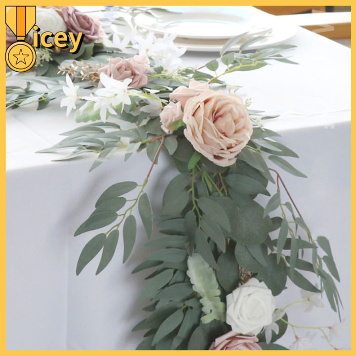 พวงมาลัยยูคาลิปตัสเทียมพร้อมดอกไม้ปลอม180ซม-พวงมาลัยเถาดอกไม้ปลอมสีเขียวสำหรับงานเลี้ยงอาหารค่ำเจ้าสาว