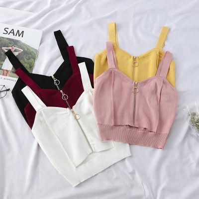 Women Crop Top Club Sexy Zipper Knitting Camisole With Hole Female Tank Tops Ladies Sleeveless Solid Simple Tops Women