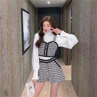 Autumn Fashion Korean Vintage Tweed Houndstooth 3 Piece Set Women Outfits Turtleneck White Shirt+Vest Tweed Vest + Shorts Suits