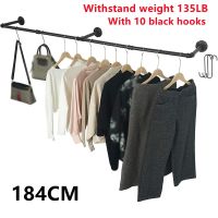 184cm Bedroom Garment Home Rail Multipurpose Wall Mounted Industrial Pipe Clothes Rack Space Saving Hanging Shelf with 10 Hooks Clothes Hangers Pegs