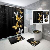 Colorful Butterfly Shower Curtain Set With Bath Carpet Modern Black Gold Toilet Cover Mat Dirt resistant Polyester Floor Rug