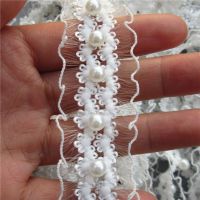 [HOT!] 2 Yards/Lot White Pearl Beaded Elastic Lace Trim Tape Lace Ribbon Fabric Collar Dress Sewing Garment Headdress Materials 25mm