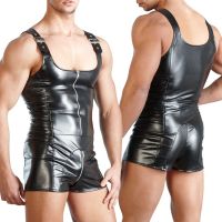 Man clothes club leather wear Sexy Men Underwear Sleeveless Open Crotch Faux Leather Zipper Bodysuit Shorts Jumpsuit Shapers