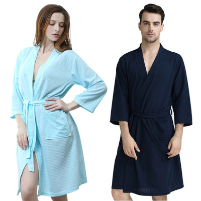 Men Plus Size Knee-Length Suck Sweat Towel Bath Robe Lovers Summer y Waffle Kimono Bathrobe Male Solid Knitted Dressing Gown