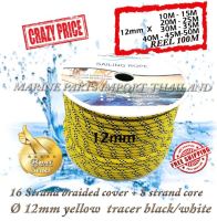 Rope Polyester boat/marine sailboat line 16 strand braided cover + 8 strand core 12mm  yellow tracer black/white