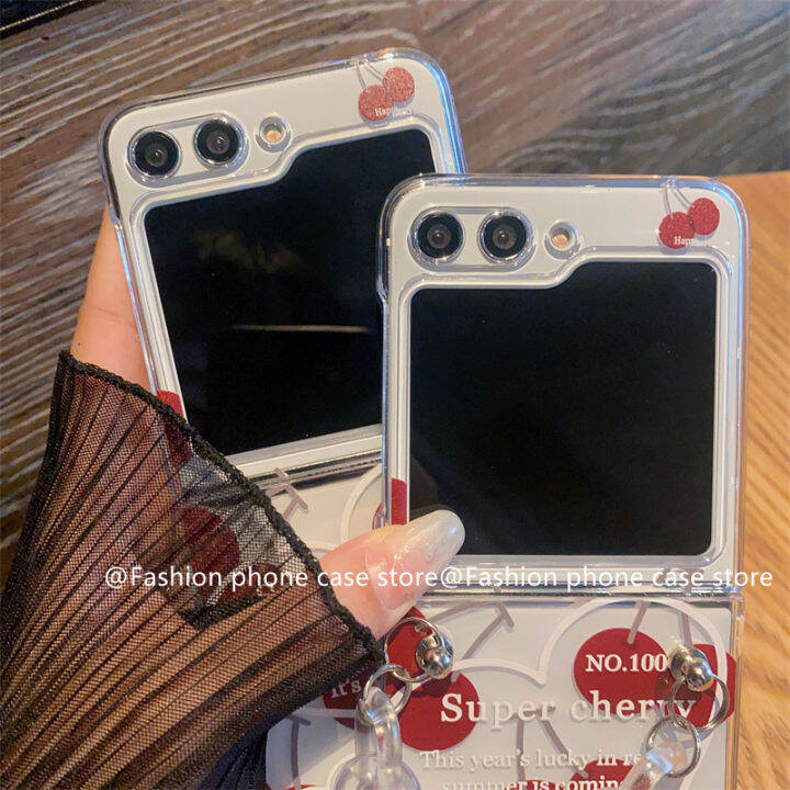 เคสโทรศัพท์-samsung-galaxy-z-flip5-flip4-flip3-5g-เคสการ์ตูนเชอร์รี่สีแดงหวานน่ารักพร้อมสร้อยข้อมือซิลิโคนใสเคสนิ่มกันกระแทก-phone-case-เคส-samsung-zflip5-2023