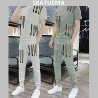 SEATUEMA เสื้อยืดแขนสั้นผู้ชาย Two-Piece สูทแขนสั้นลำลอง + กางเกงขายาว