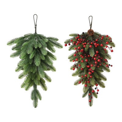 [wondering] พวงหรีดคริสต์มาสพวงหรีดหวายประดิษฐ์ Xmas Pine Branches ปีใหม่คริสต์มาสแขวนผนังสำหรับตกแต่งปลอมในร่มและกลางแจ้ง