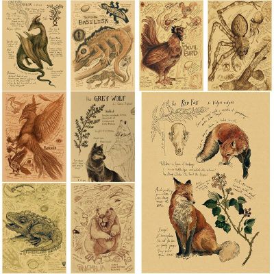 ☍✽◎ ซื้อสามแถมสี่ Dragon//Fox/Dog/Wolf/Bird/Bear โปสเตอร์พิมพ์สัตว์ธรรมชาติ Study Vintage Home Room Art Wall Decor ภาพวาด