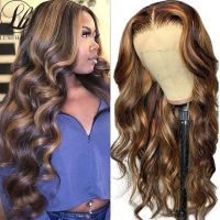 【LZ】✺  Synthetic Highlight Lace Wigs T Part Lace Wigs Ombre Brown Wigs P27 Long Wavy Honey Blonde Hair  Heat Resistant Fiber Wig Women