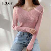 IELGY เสื้อสเวตเตอร์ถักคอวีสีทึบสำหรับผู้หญิง