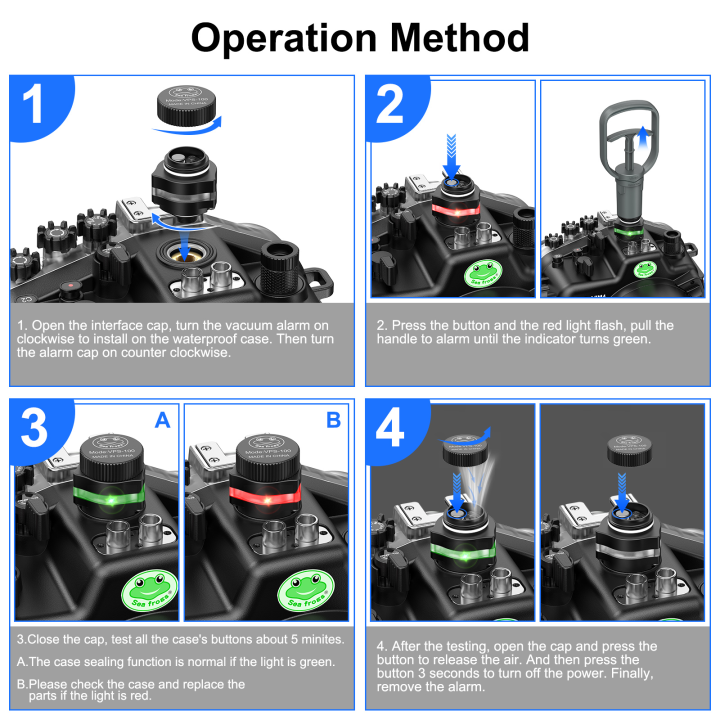 seafrogs-vps-100-pre-dive-ระบบตรวจสอบการรั่วไหลของสูญญากาศสำหรับอุปกรณ์เสริมสำหรับกล้องถ่ายภาพใต้น้ำ