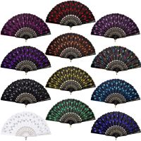 12 Pieces Sequin Fabric Folding Fans Peacock Hand Fans Flower Lace Fans Handheld Folding Fans for Women Wedding Party