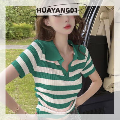 HUAYANG01 [2023 new HOT FASHION] lazlook เสื้อยืดถักแขนสั้นลายทางสำหรับผู้หญิงเสื้อเอวลอยมีปกแบบหวานๆ