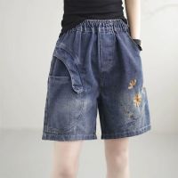 【มีไซส์ใหญ่】Plus Size M-3XL Womens Elastic Waist Floral Embroidery Summer Shorts Vintage Straight Female Hot Shorts