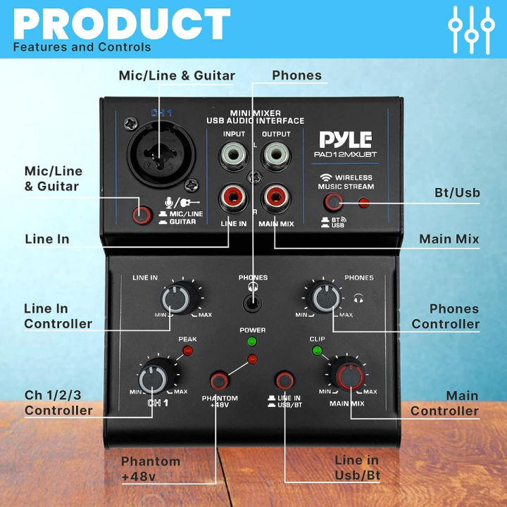 pyle-professional-wireless-dj-audio-mixer-2-channel-bluetooth-dj-controller-sound-mixer-w-usb-audio-interface-rca-in-combo-jack-xlr-6-35mm-microphone-line-guitar-in-headphone-jack-pad12mxubt