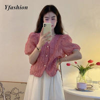 Yfashion เสื้อชีฟองคอวีสำหรับผู้หญิงเสื้อแขนสั้นพัฟหวานหรูหราสไตล์ฝรั่งเศสเสื้อดอกไม้สามมิติขาตั้งกล้องมีในสต็อกฤดูร้อน