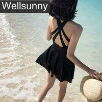 Wellsunny ชุดว่ายน้ำขนาดพิเศษกระโปรงหนึ่งชิ้นเกาหลี,M-3XL สีดำเซ็กซี่เปิดหลังชุดว่ายน้ำชายหาด