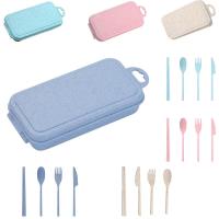 4pcs Straw Wheat Dinnerware Set Portable Tableware Cutter Fork Spoon Chopsticks Set Travel Cutlery Set Kitchen Utensil Box Flatware Sets