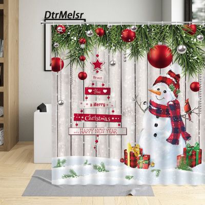 Christmas Shower Curtains Funny Snowman Green Pine Branch Red Xmas Ball Vintage Grey Wooden Board New Year Fabric Bathroom Decor