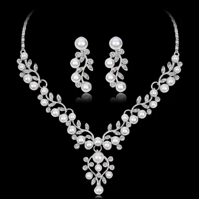 ZhongLouL Fashion Imitation Pearl Short Necklace Earrings Jewelry Set Prom Party Accessory
