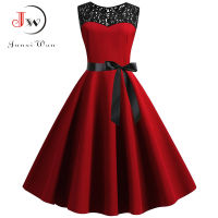 สีแดง Elegant Party Dress ผู้หญิงฤดูร้อนลูกไม้ Vintage Vestidos 50S 60S Rockabilly Swing Dress Casual Midi Dresses