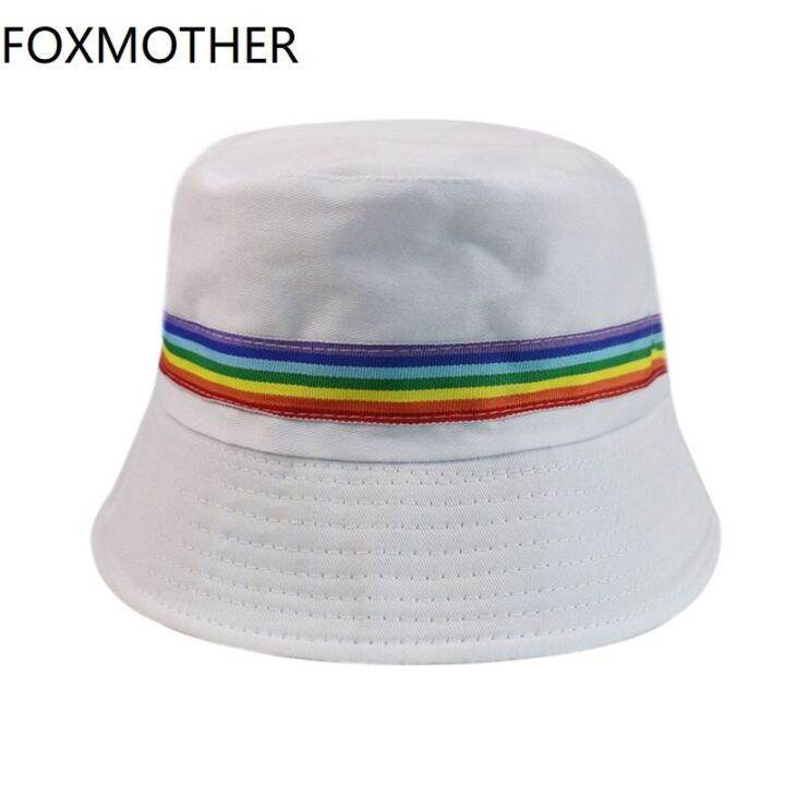 foxmother-หมวกสีขาวหมวกสีรุ้งทรงถังสำหรับผู้หญิงใหม่สีทึบของชาวประมงสีดำ