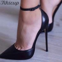 Tikicup Kulit Paten Wanita Tali Pergelkaki Dorsay Stiletto Pompa Ujung แหวน Sepatu Hak Tinggi Seksi 8ซม. 10ซม. 12ซม. Menyesuaikan