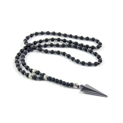 【CW】New Design Matte Black Onyx 6mm Round Beads and Hematite Beads 4mm Long Necklace with Arrow Pendant Fashion Mens Jewelry