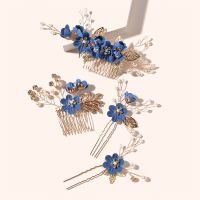 1PC Luxury Blue Flower Hair Combs White Hair Vine Headdress Bridal Wedding Hair Accessories Rhinestone Hair Jewelry Hair Pins