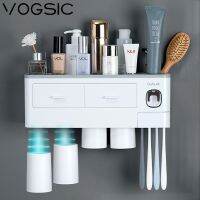 VOGSIC ชั้นวางที่เก็บที่แขวนแปรงสีฟันถ้วย1/2/3/4/5พร้อมลิ้นชักแผ่นรองฟันเครื่องอัดรีดออแกไนเซอร์สำหรับบ้านชุดอุปกรณ์เสริมห้องน้ำ